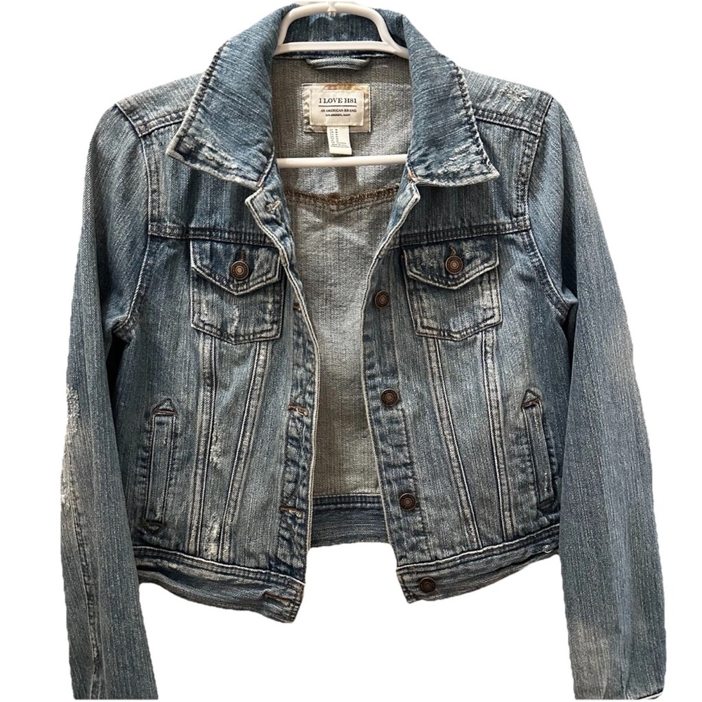 I Love H81 Distressed Cropped Women’s Denim Jean Jacket M Y2K VTG Western Grunge